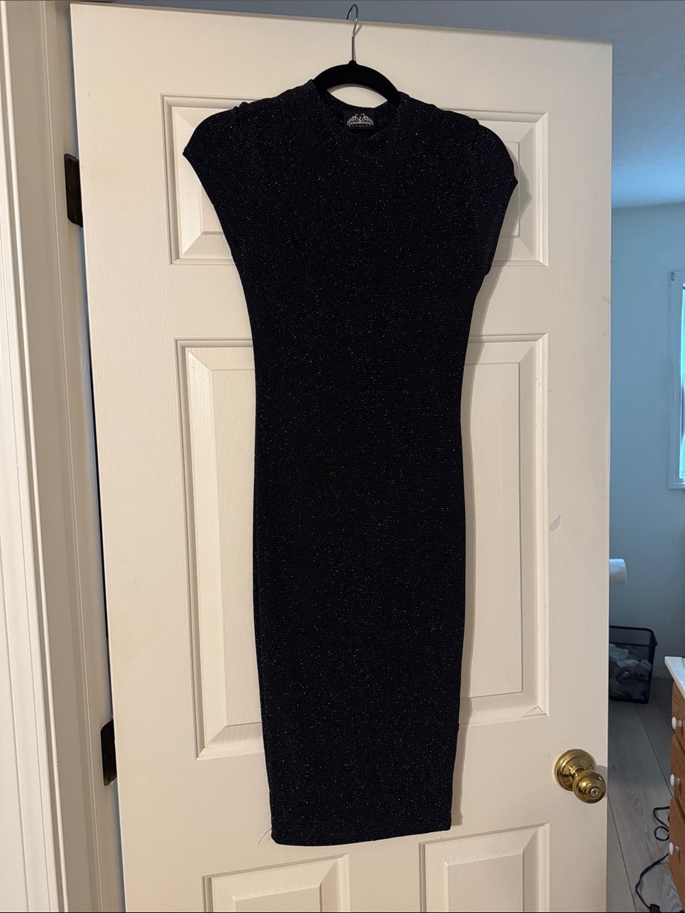Sparkle Black Midi Dress with Cap Sleeves